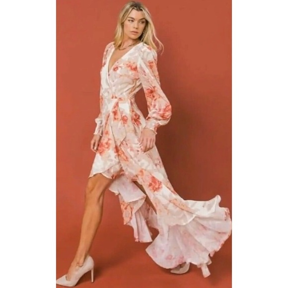 Flying Tomato Floral Print Maxi Dress Long Sleeve Wrap High Low Ruffle Small - Picture 1 of 7